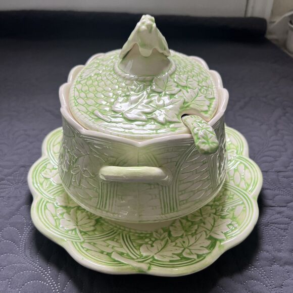 VTG Green Leaf Lattice Ceramic Soup Tureen Gravy Boat Platter Set w/Ladle Server - Picture 5 of 13